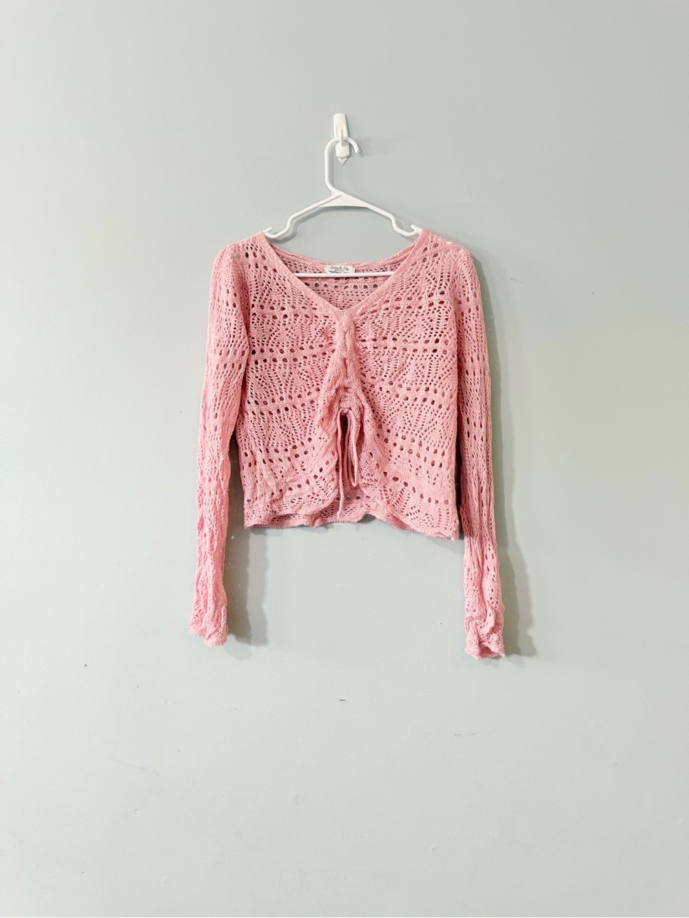 Jolie & Joy Pink Crochet Tie-Front Long Sleeve Top